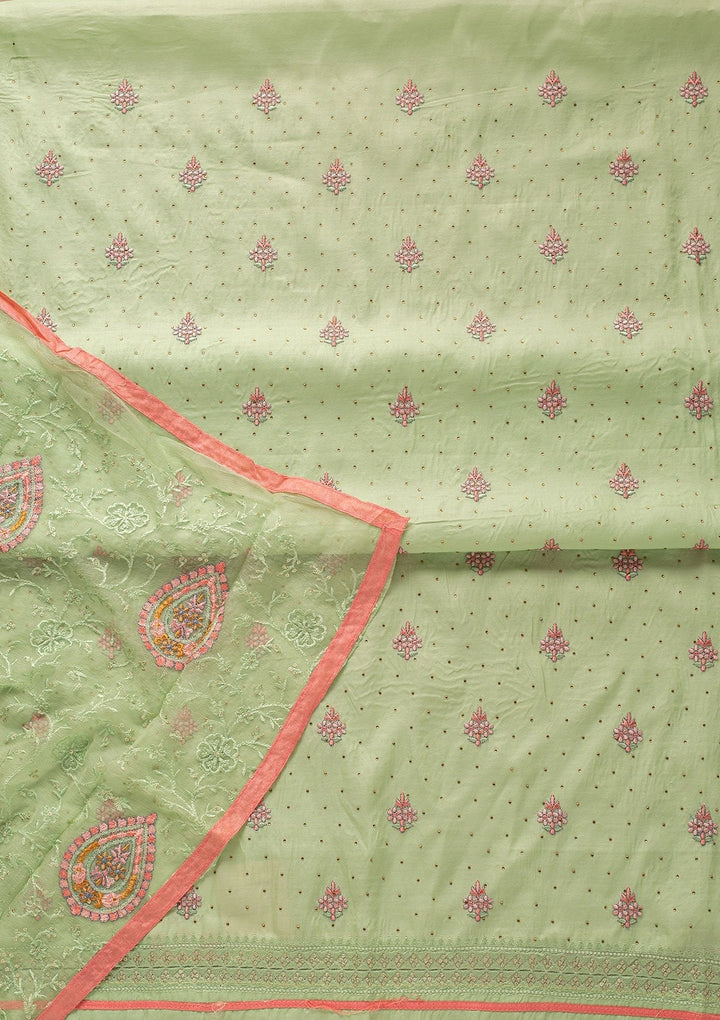 Pista Green Threadwork Art Silk Designer Unstitched Salwar Suit - koskii