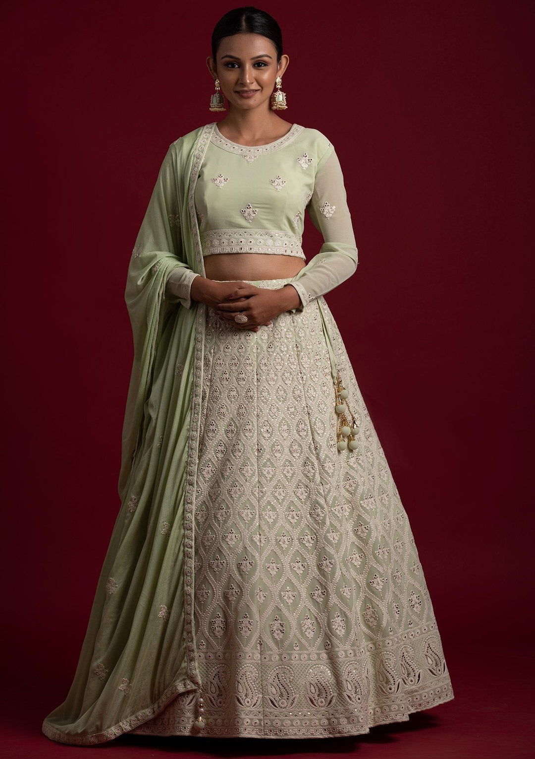 Pista Green Threadwork Georgette Designer Lehenga - koskii
