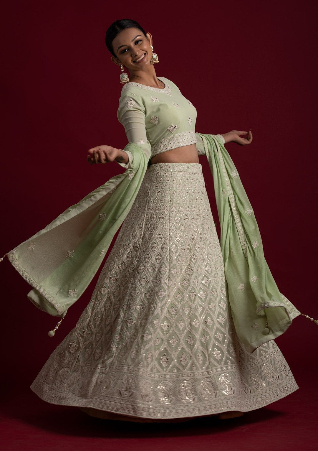 Pista Green Threadwork Georgette Designer Lehenga - koskii