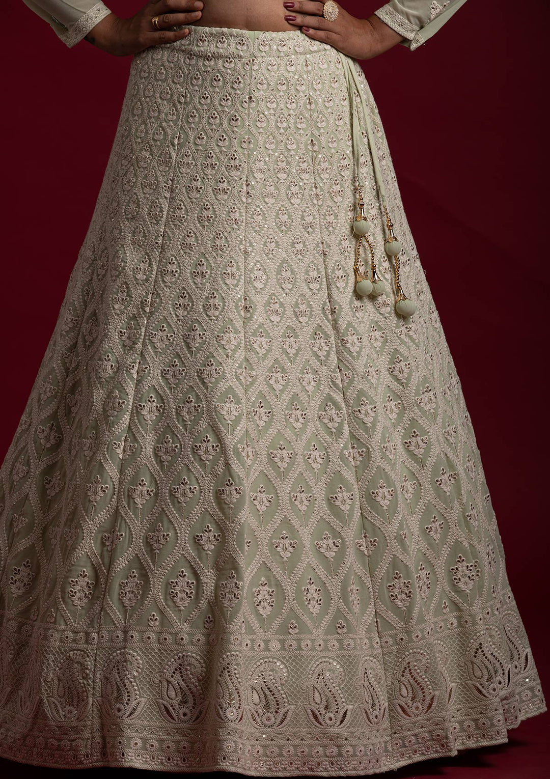 Pista Green Threadwork Georgette Designer Lehenga - koskii