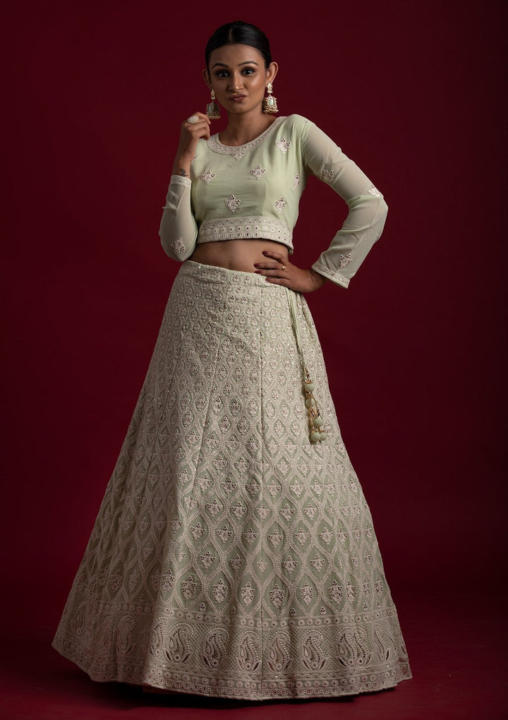Pista Green Threadwork Georgette Designer Lehenga - koskii