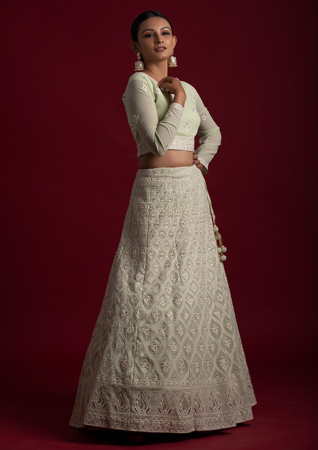 Pista Green Threadwork Georgette Designer Lehenga - koskii