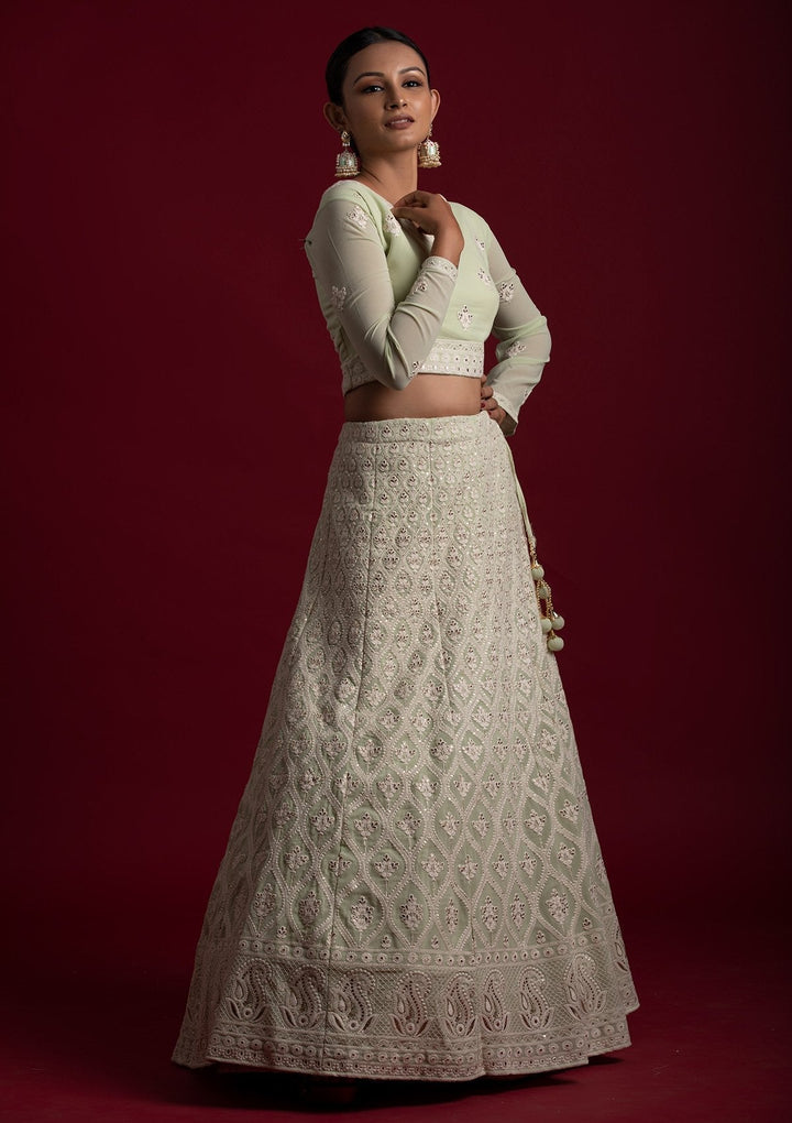 Pista Green Threadwork Georgette Designer Lehenga - koskii
