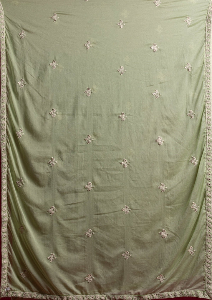 Pista Green Threadwork Georgette Designer Lehenga - koskii