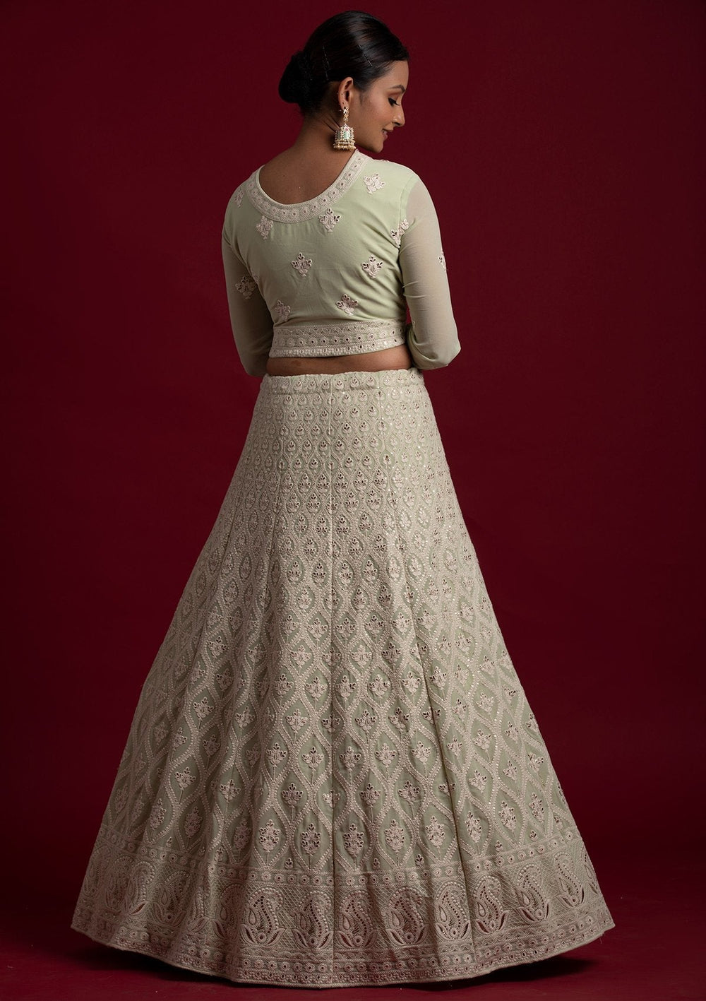 Pista Green Threadwork Georgette Designer Lehenga - koskii