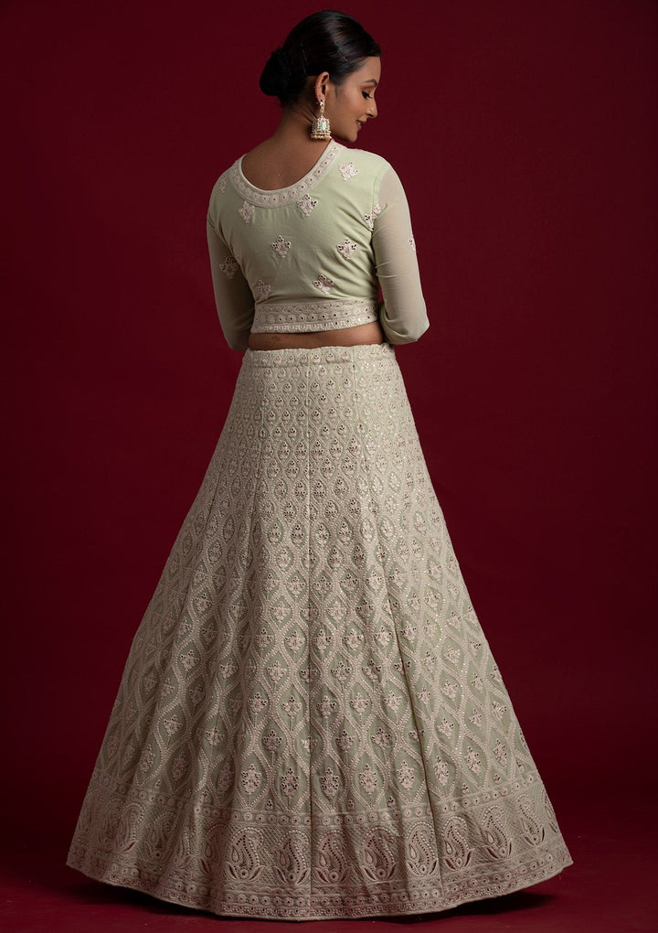 Pista Green Threadwork Georgette Designer Lehenga - koskii