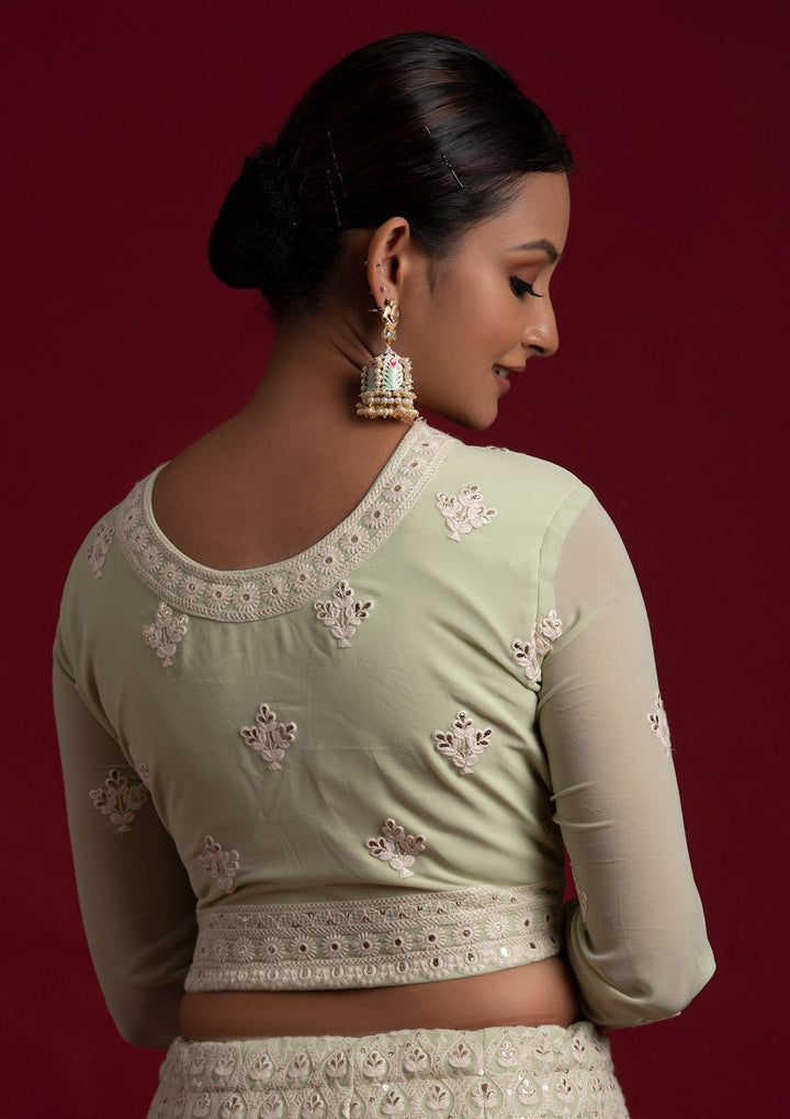 Pista Green Threadwork Georgette Designer Lehenga - koskii