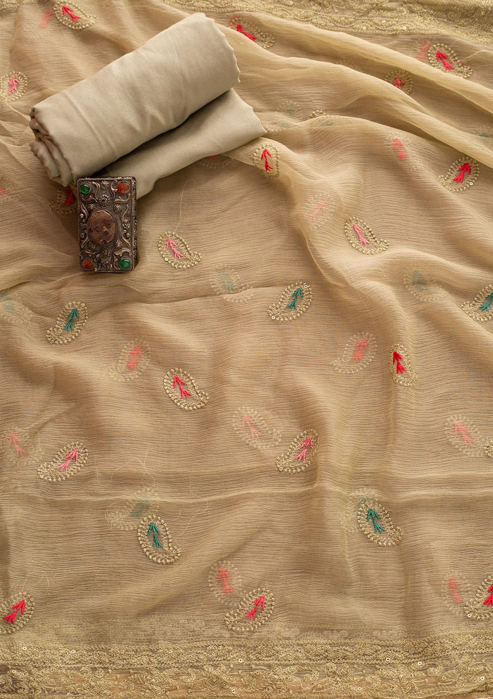 Pista Green Threadwork Georgette Designer Unstitched Salwar Suit - koskii