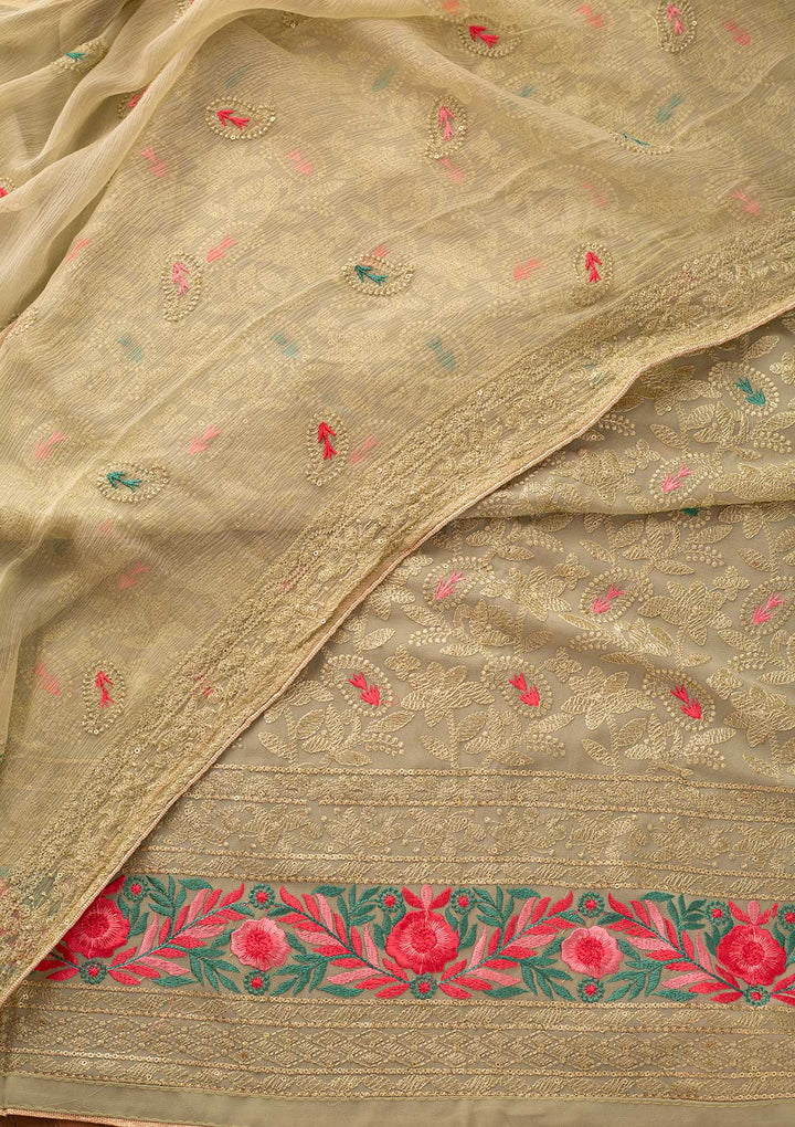 Pista Green Threadwork Georgette Designer Unstitched Salwar Suit - koskii