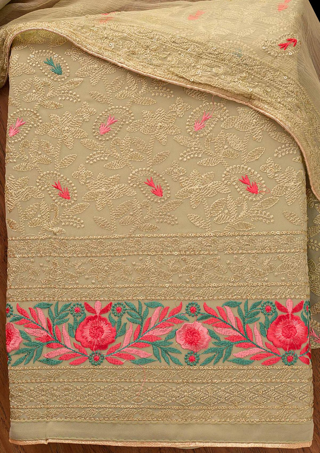 Pista Green Threadwork Georgette Designer Unstitched Salwar Suit - koskii