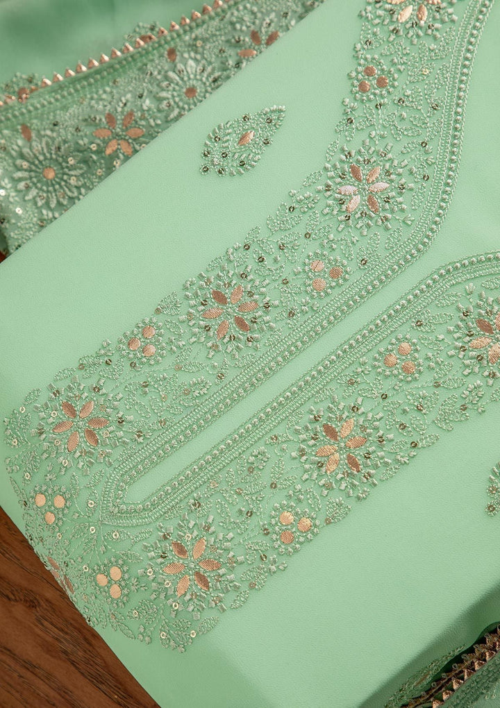 Pista Green Threadwork Georgette Designer Unstitched Salwar Suit - koskii