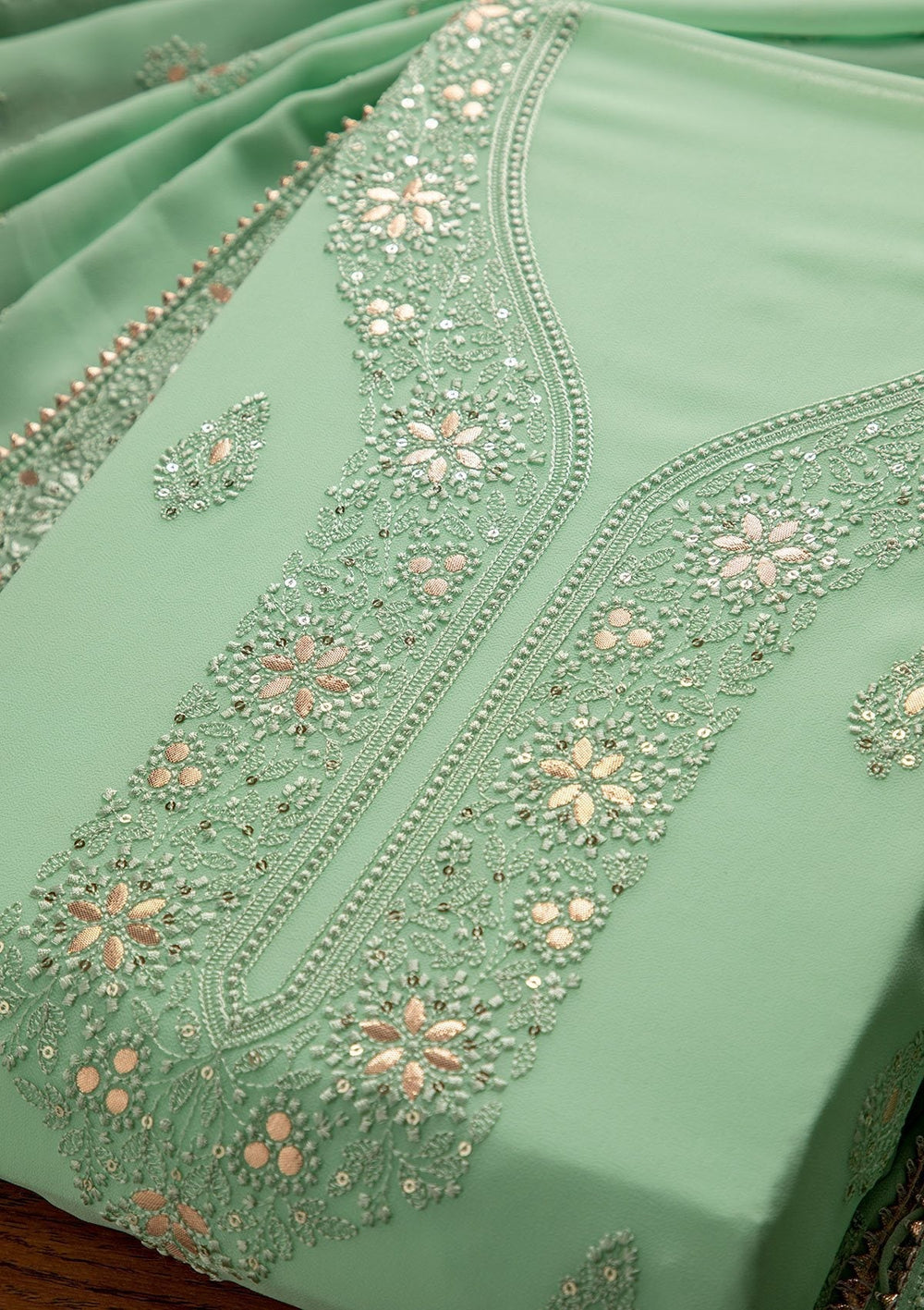 Pista Green Threadwork Georgette Designer Unstitched Salwar Suit - koskii