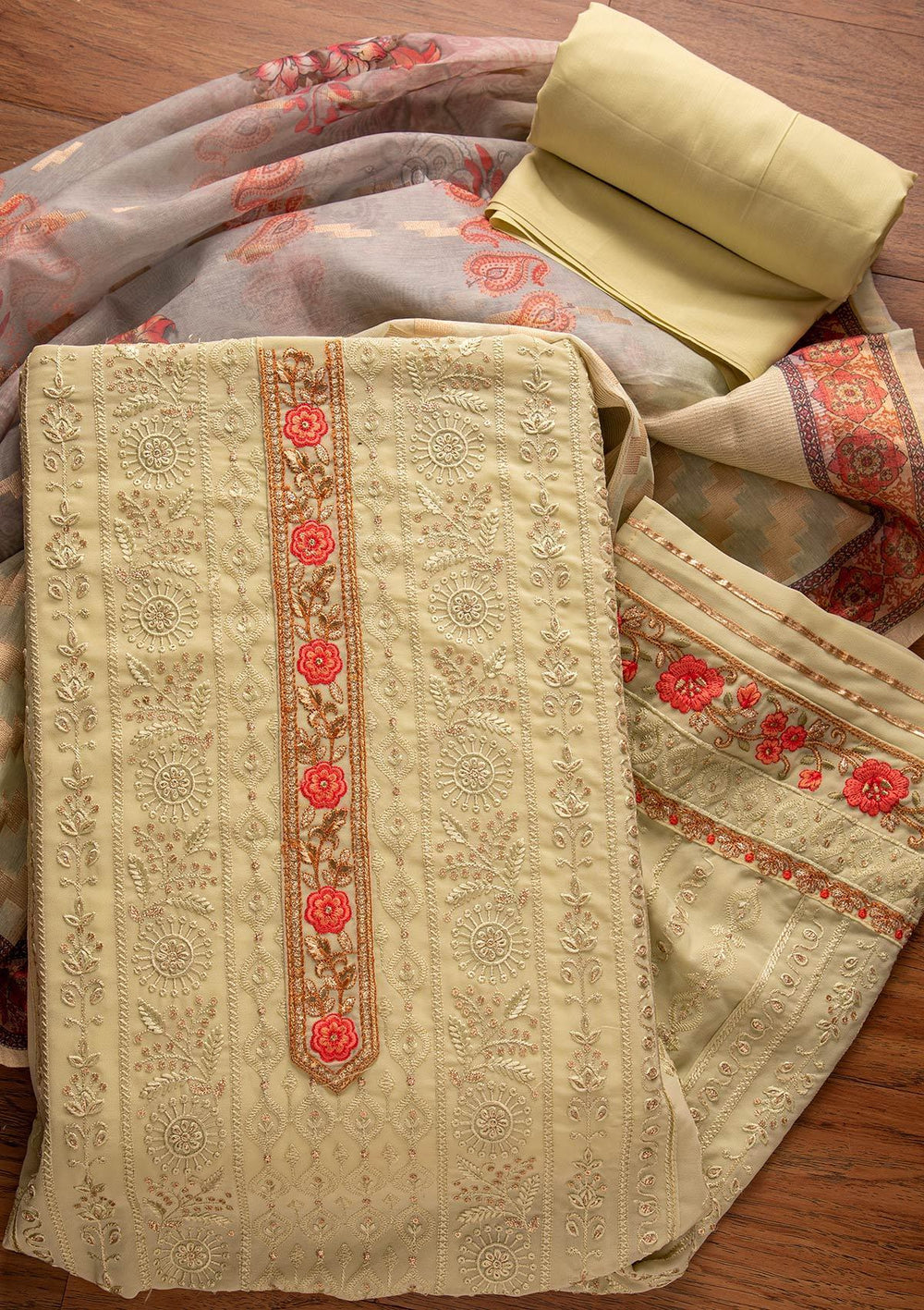 Pista Green Threadwork Georgette Designer Unstitched Salwar Suit - koskii