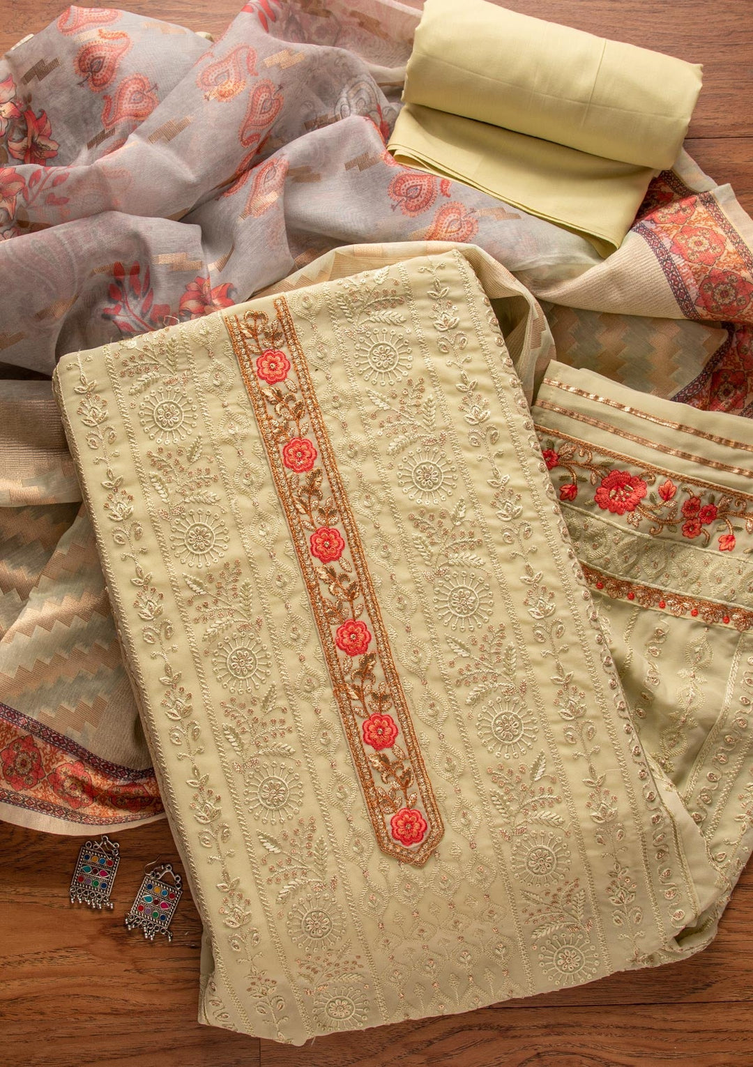 Pista Green Threadwork Georgette Designer Unstitched Salwar Suit - koskii