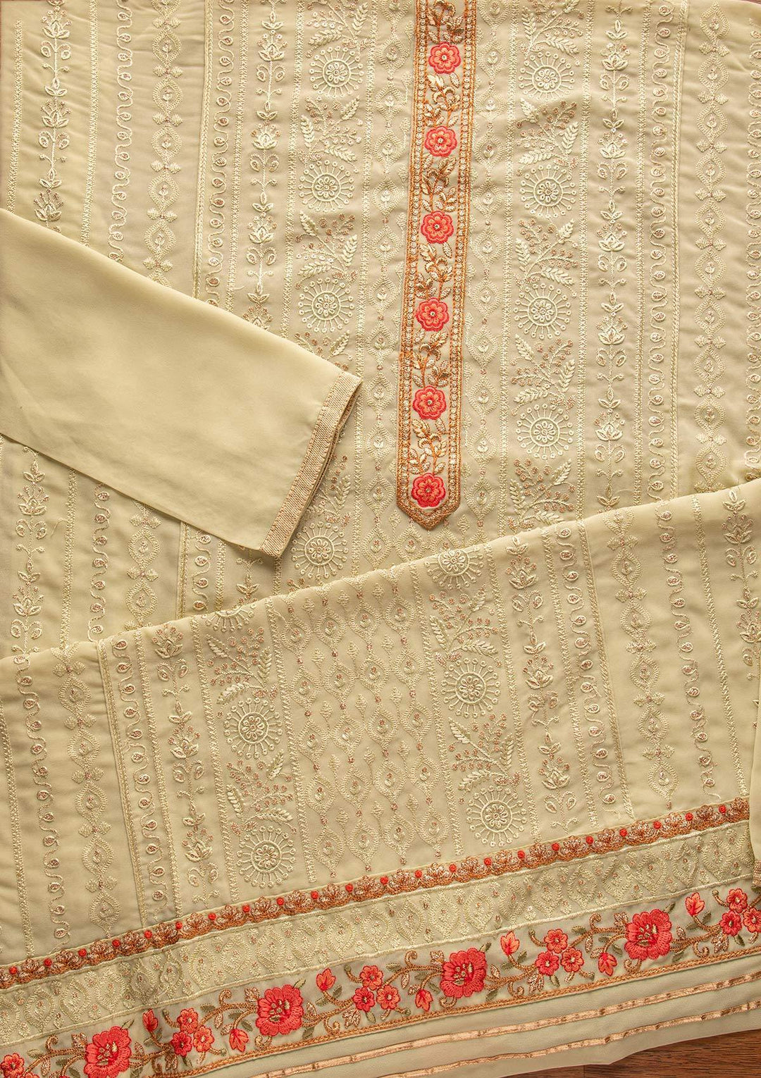 Pista Green Threadwork Georgette Designer Unstitched Salwar Suit - koskii