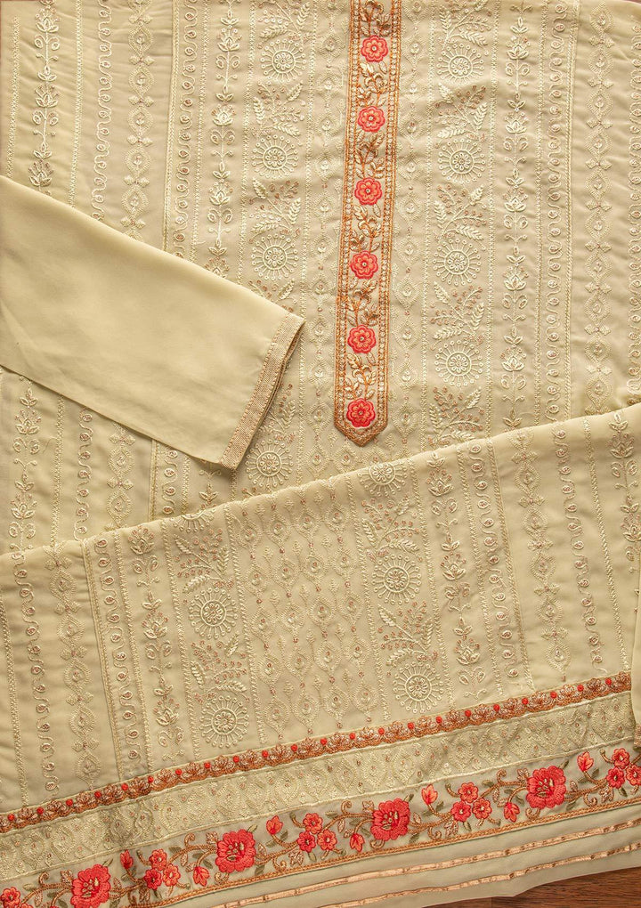 Pista Green Threadwork Georgette Designer Unstitched Salwar Suit - koskii