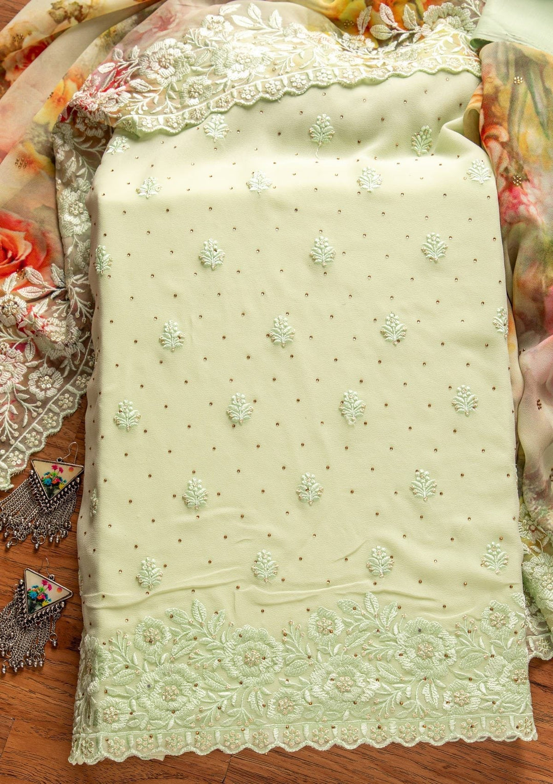Pista Green Threadwork Georgette Designer Unstitched Salwar Suit - koskii