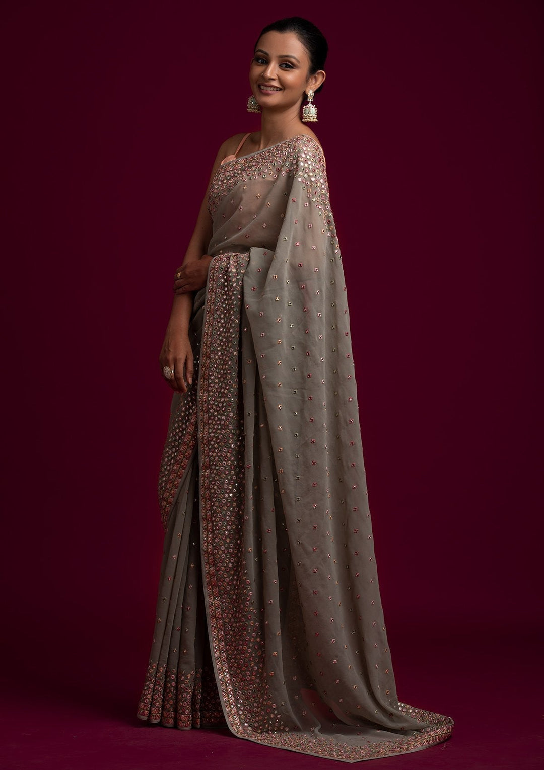 Pista Green Threadwork Georgette Designer Saree - koskii