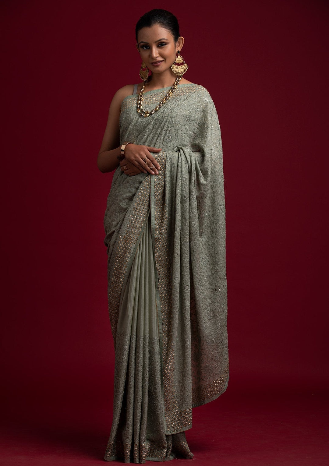 Pista Green Threadwork Georgette Designer Saree - koskii