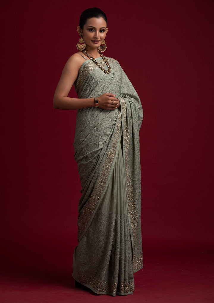 Pista Green Threadwork Georgette Designer Saree - koskii