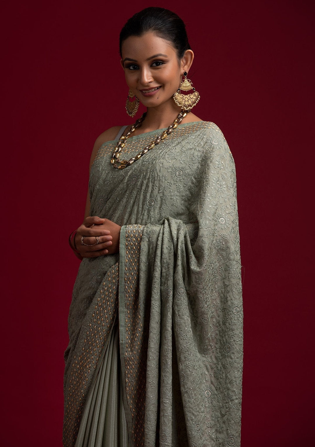 Pista Green Threadwork Georgette Designer Saree - koskii