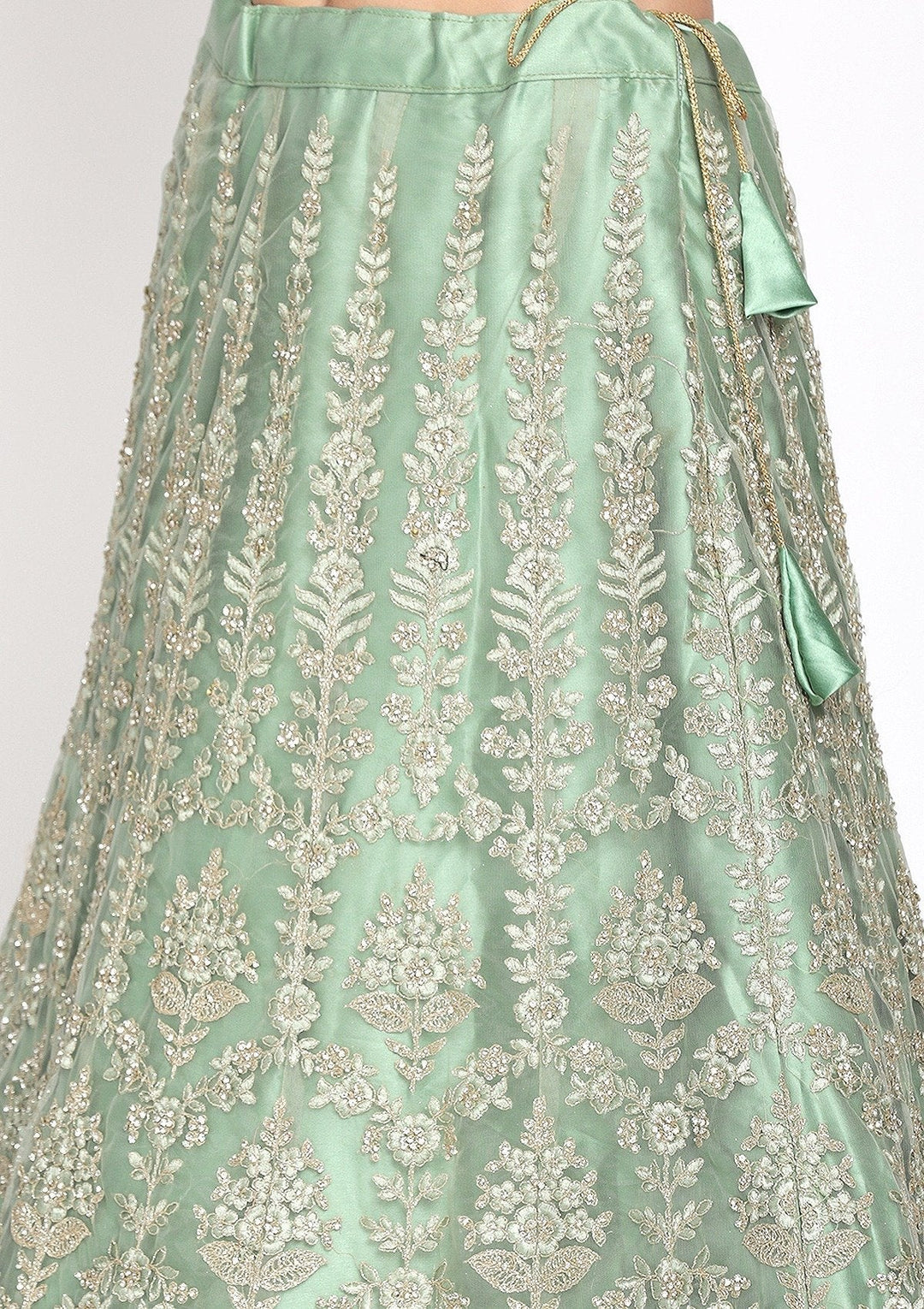 Pista Green Threadwork Net Designer Semi-Stitched Lehenga - koskii