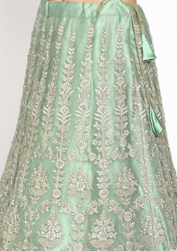 Pista Green Threadwork Net Designer Semi-Stitched Lehenga - koskii