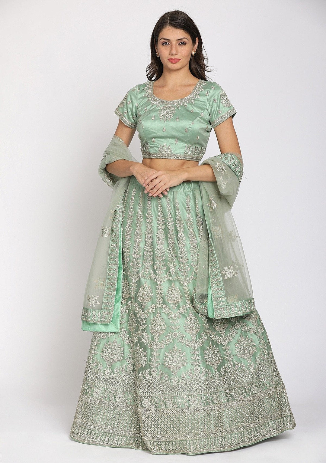 Pista Green Threadwork Net Designer Semi-Stitched Lehenga - koskii