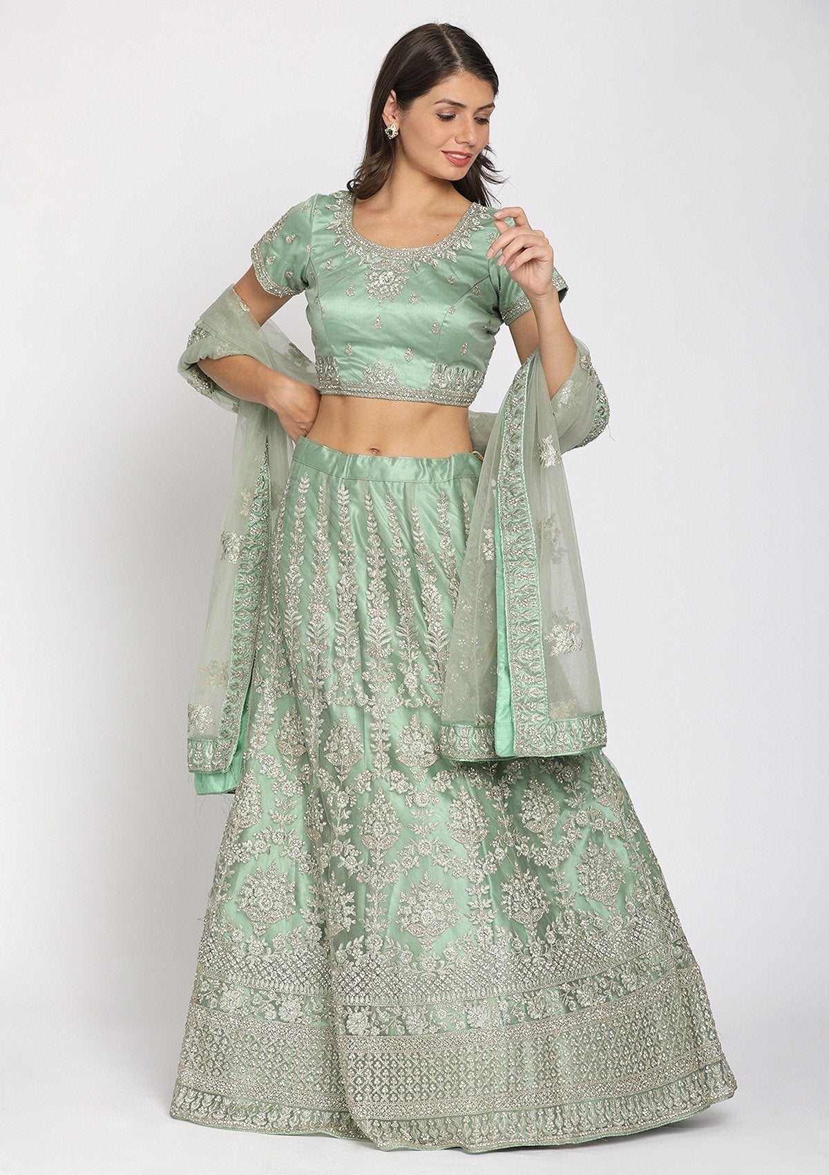 Pista Green Threadwork Net Designer Semi-Stitched Lehenga - koskii