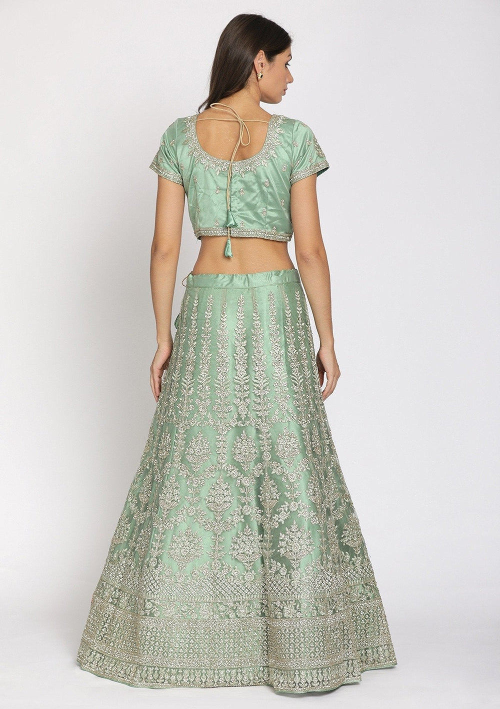 Pista Green Threadwork Net Designer Semi-Stitched Lehenga - koskii