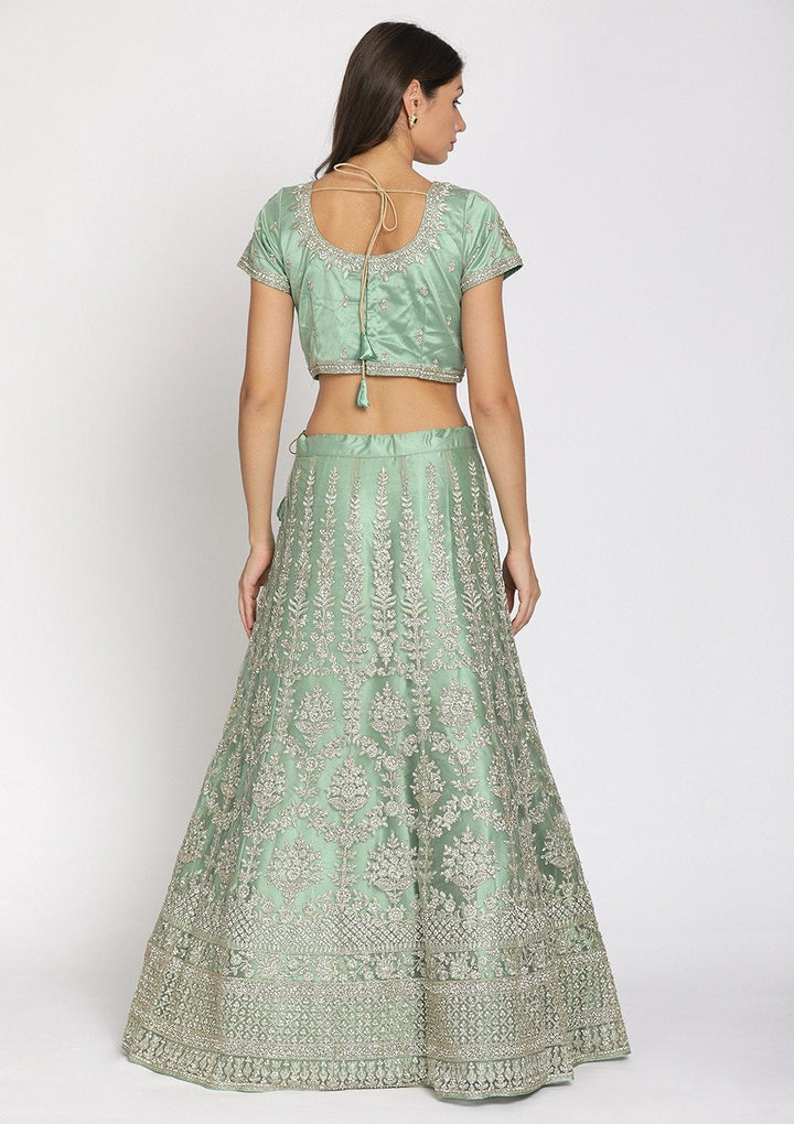 Pista Green Threadwork Net Designer Semi-Stitched Lehenga - koskii