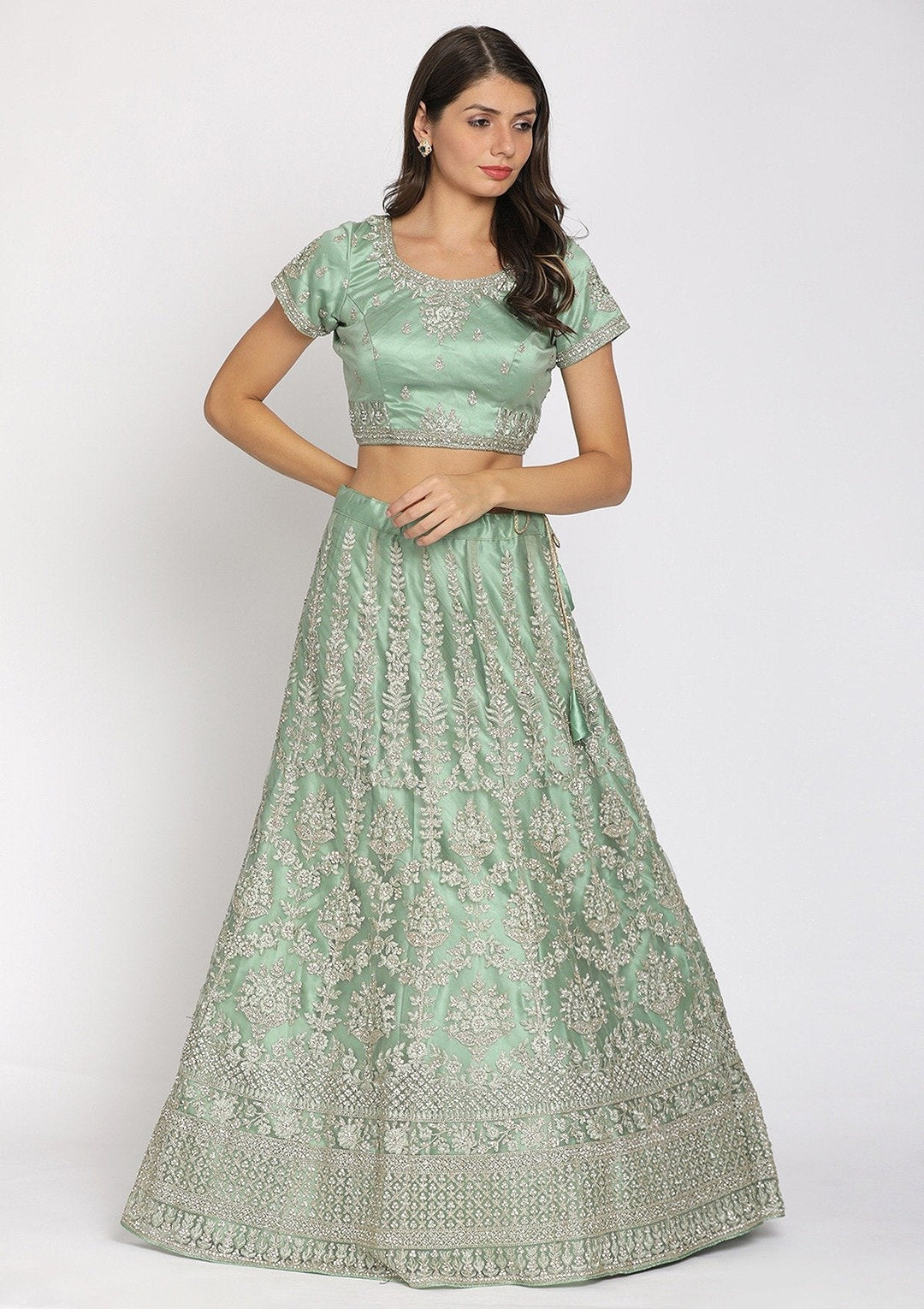 Pista Green Threadwork Net Designer Semi-Stitched Lehenga - koskii