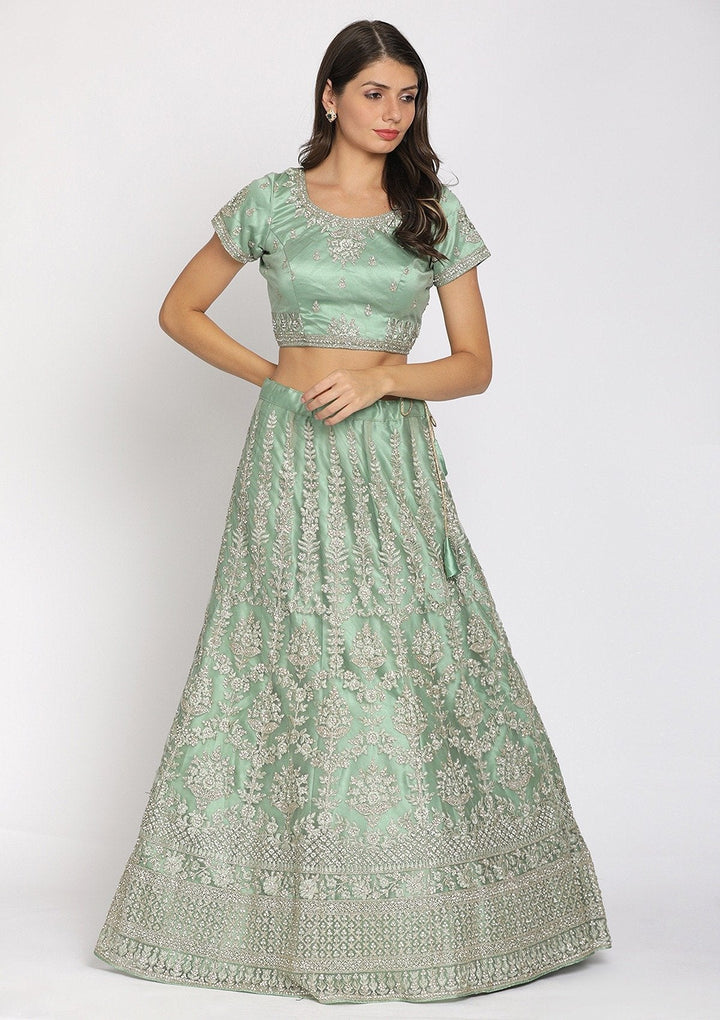 Pista Green Threadwork Net Designer Semi-Stitched Lehenga - koskii