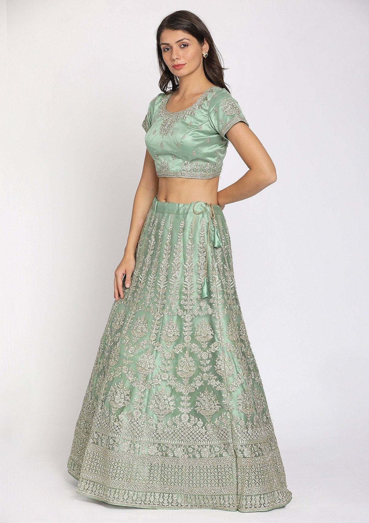 Pista Green Threadwork Net Designer Semi-Stitched Lehenga - koskii