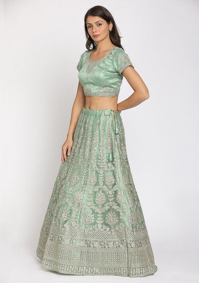 Pista Green Threadwork Net Designer Semi-Stitched Lehenga - koskii