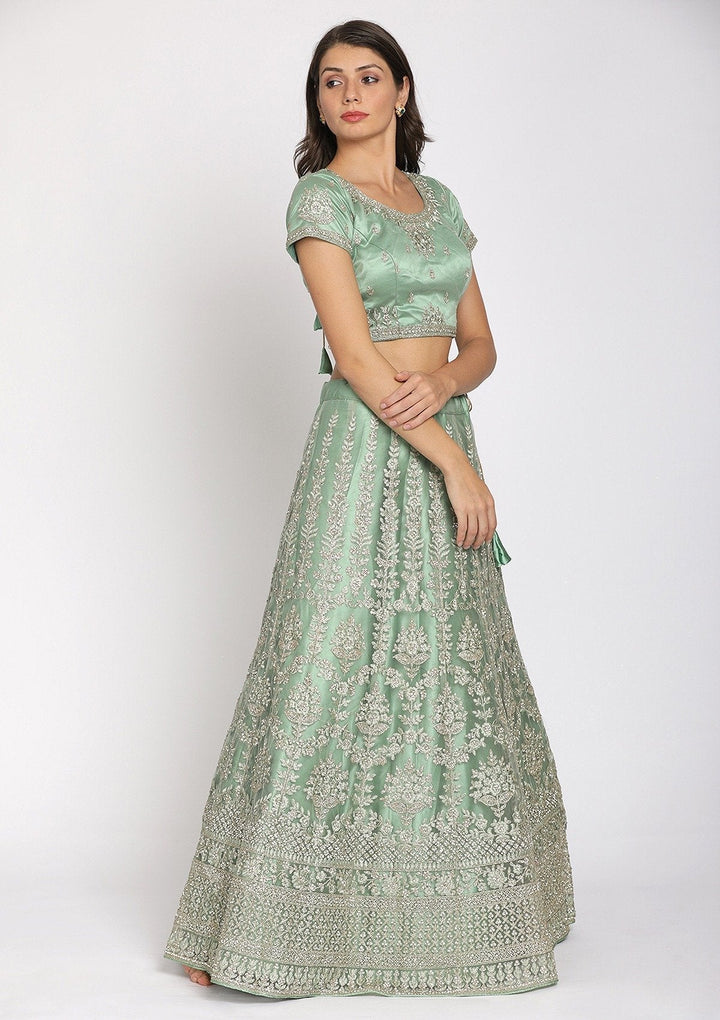 Pista Green Threadwork Net Designer Semi-Stitched Lehenga - koskii