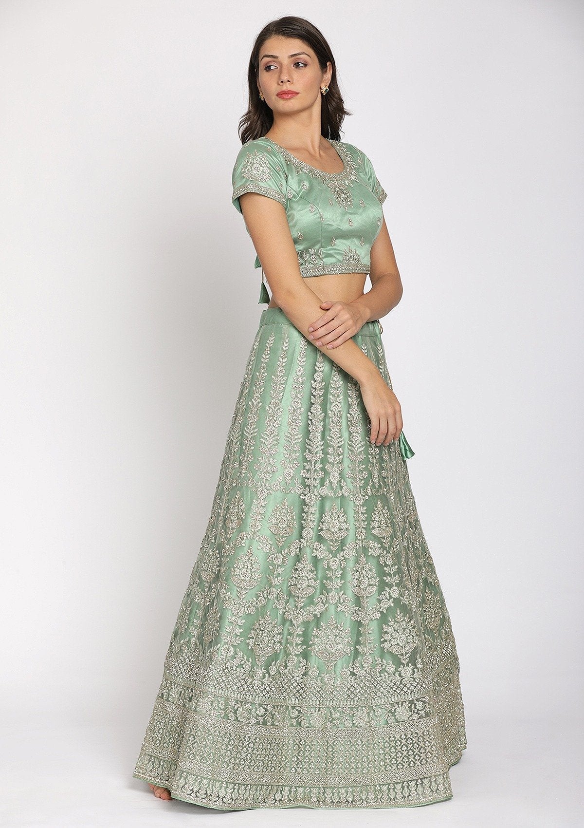 Pista Green Threadwork Net Designer Semi-Stitched Lehenga - koskii