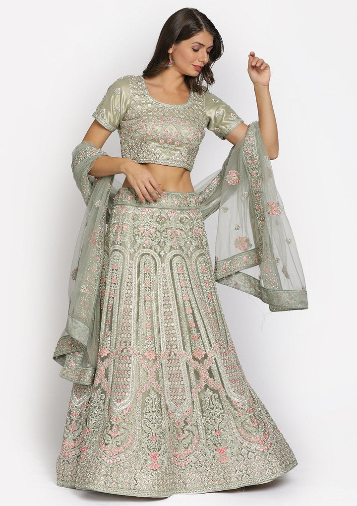Pista Green Threadwork Net Designer Semi-Stitched Lehenga - koskii