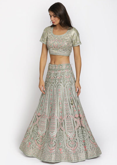 Pista Green Threadwork Net Designer Semi-Stitched Lehenga - koskii