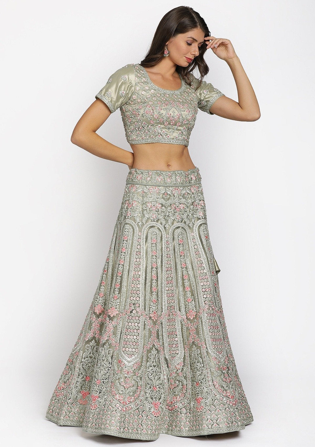Pista Green Threadwork Net Designer Semi-Stitched Lehenga - koskii