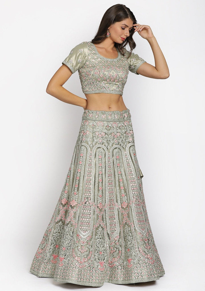 Pista Green Threadwork Net Designer Semi-Stitched Lehenga - koskii