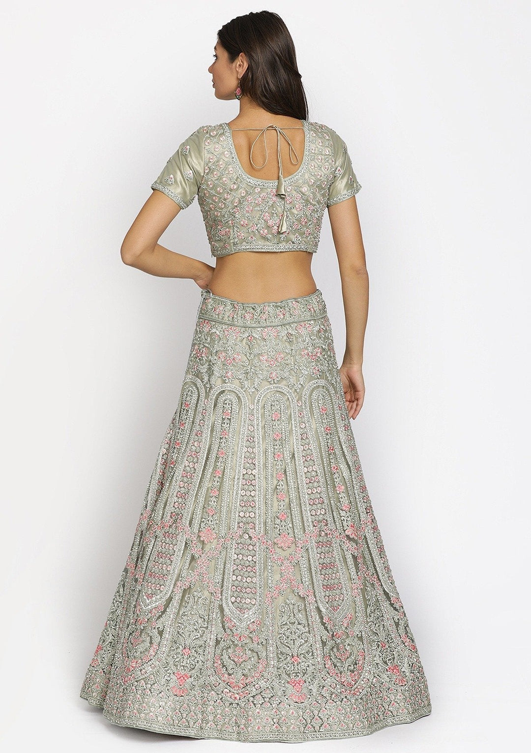 Pista Green Threadwork Net Designer Semi-Stitched Lehenga - koskii