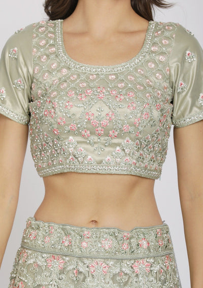 Pista Green Threadwork Net Designer Semi-Stitched Lehenga - koskii