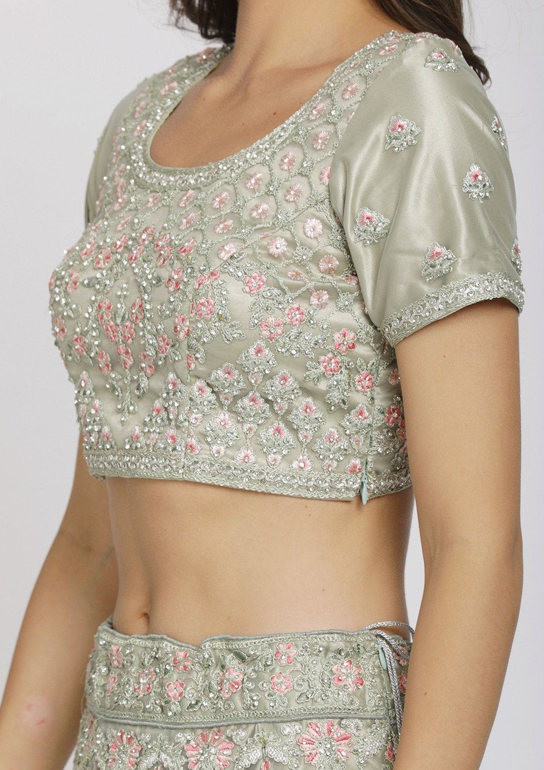 Pista Green Threadwork Net Designer Semi-Stitched Lehenga - koskii
