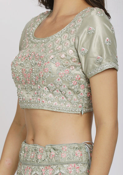 Pista Green Threadwork Net Designer Semi-Stitched Lehenga - koskii