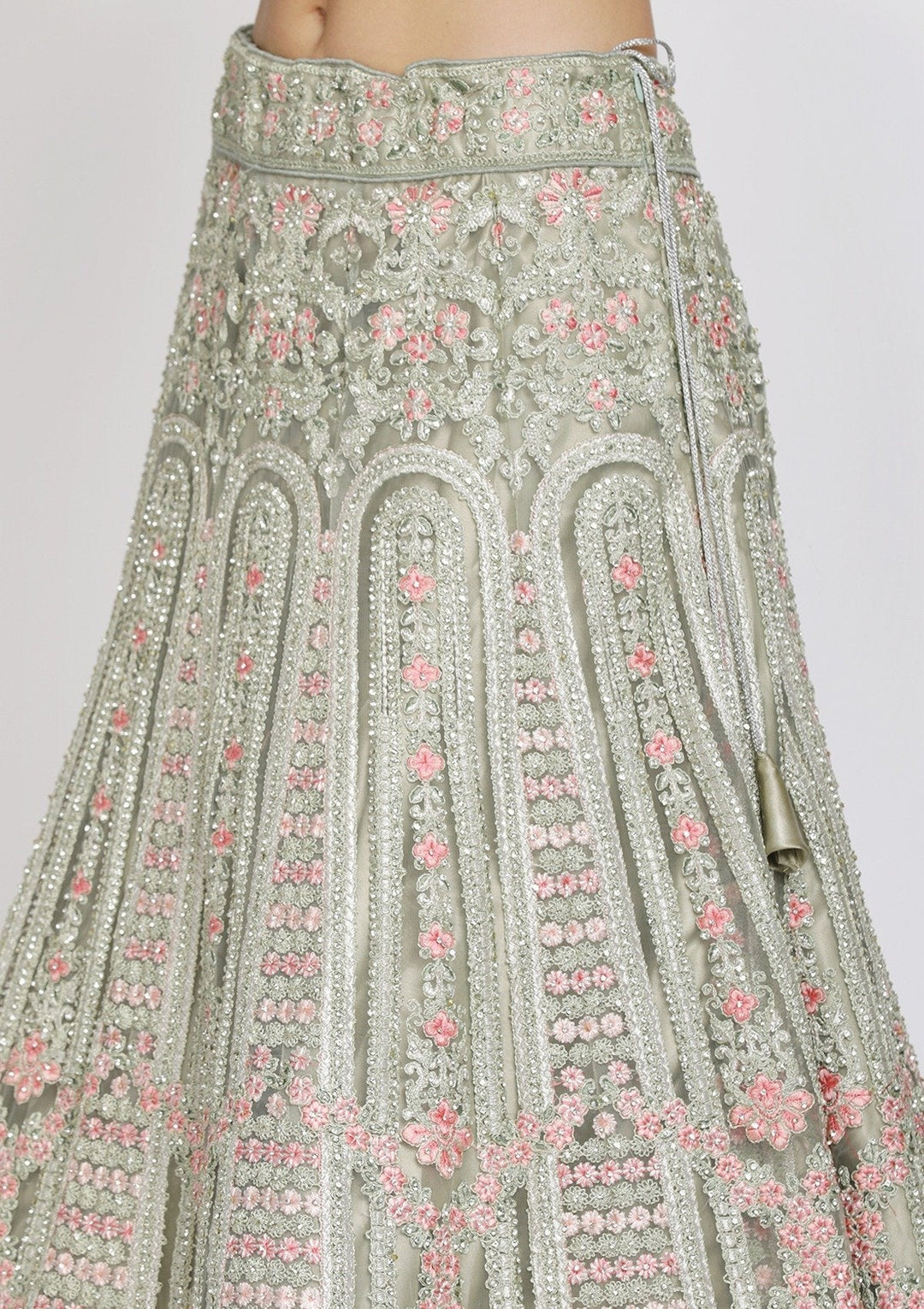 Pista Green Threadwork Net Designer Semi-Stitched Lehenga - koskii