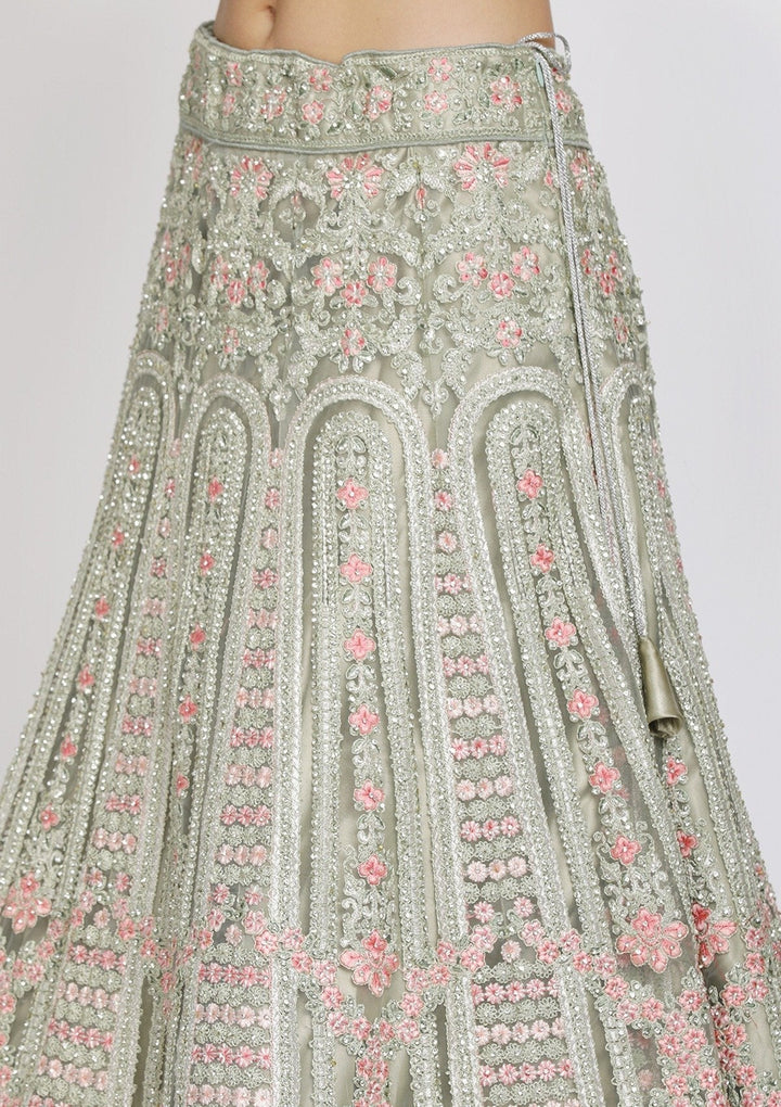 Pista Green Threadwork Net Designer Semi-Stitched Lehenga - koskii