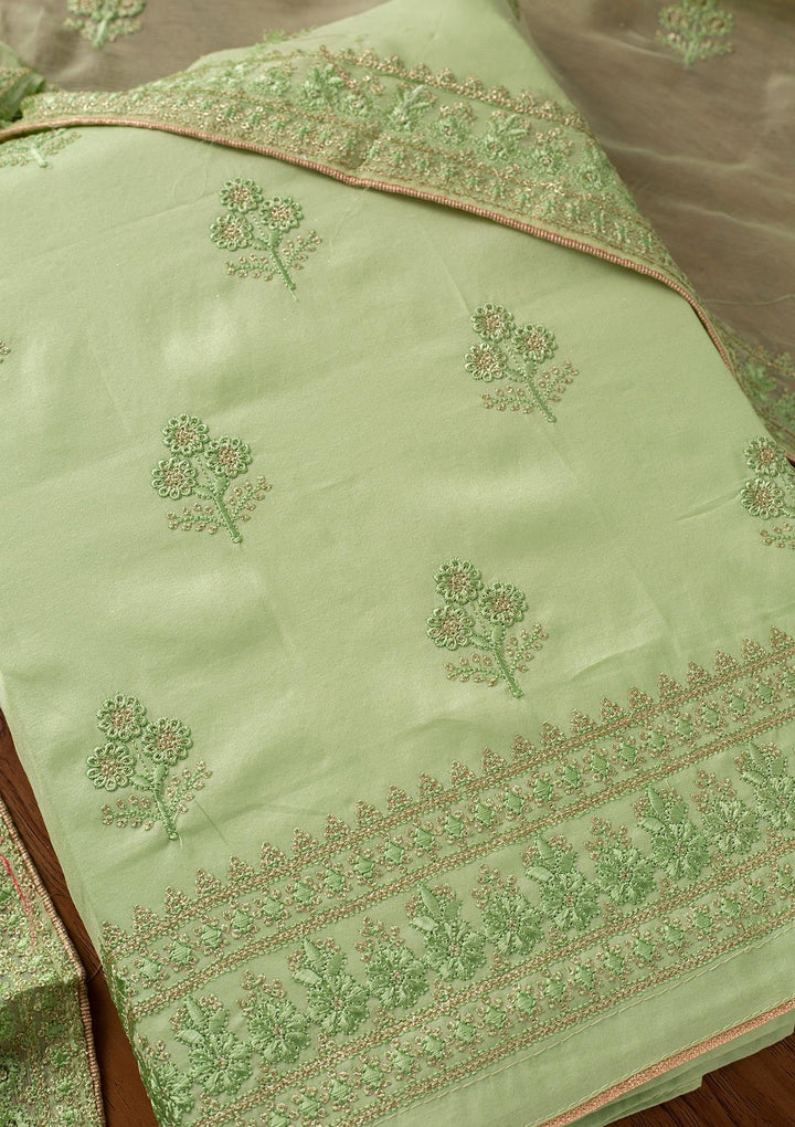 Pista Green Threadwork Semi Crepe Designer Unstitched Salwar Suit - koskii
