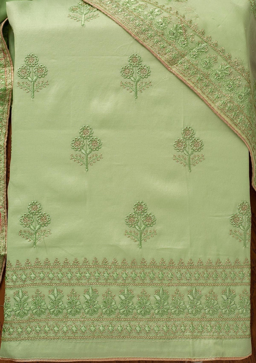 Pista Green Threadwork Semi Crepe Designer Unstitched Salwar Suit - koskii