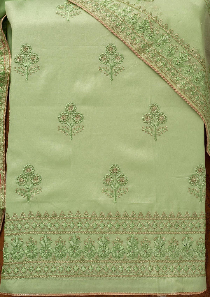 Pista Green Threadwork Semi Crepe Designer Unstitched Salwar Suit - koskii